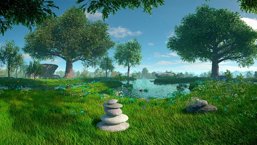Ruhige 3D-Naturaufnahme mit Steinen am Wasser