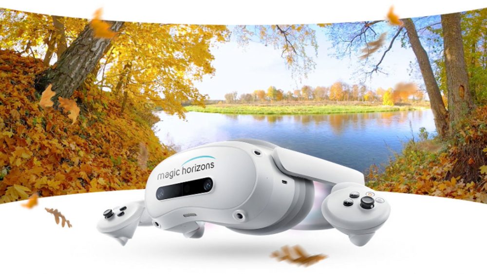 Weiße Magic Horizons Virtual-Reality-Brille in einer ruhigen Naturumgebung am Wasser